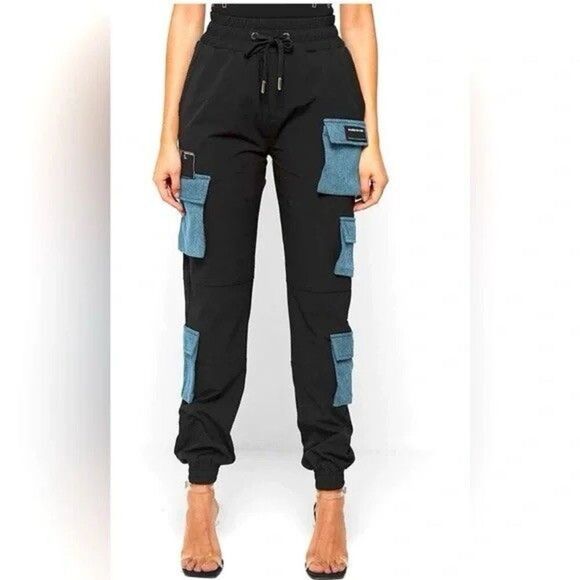 Maniere de Voir Black Denim Panel Cargo Joggers 14 Streetwear Utility Gorpcore - Picture 1 of 10